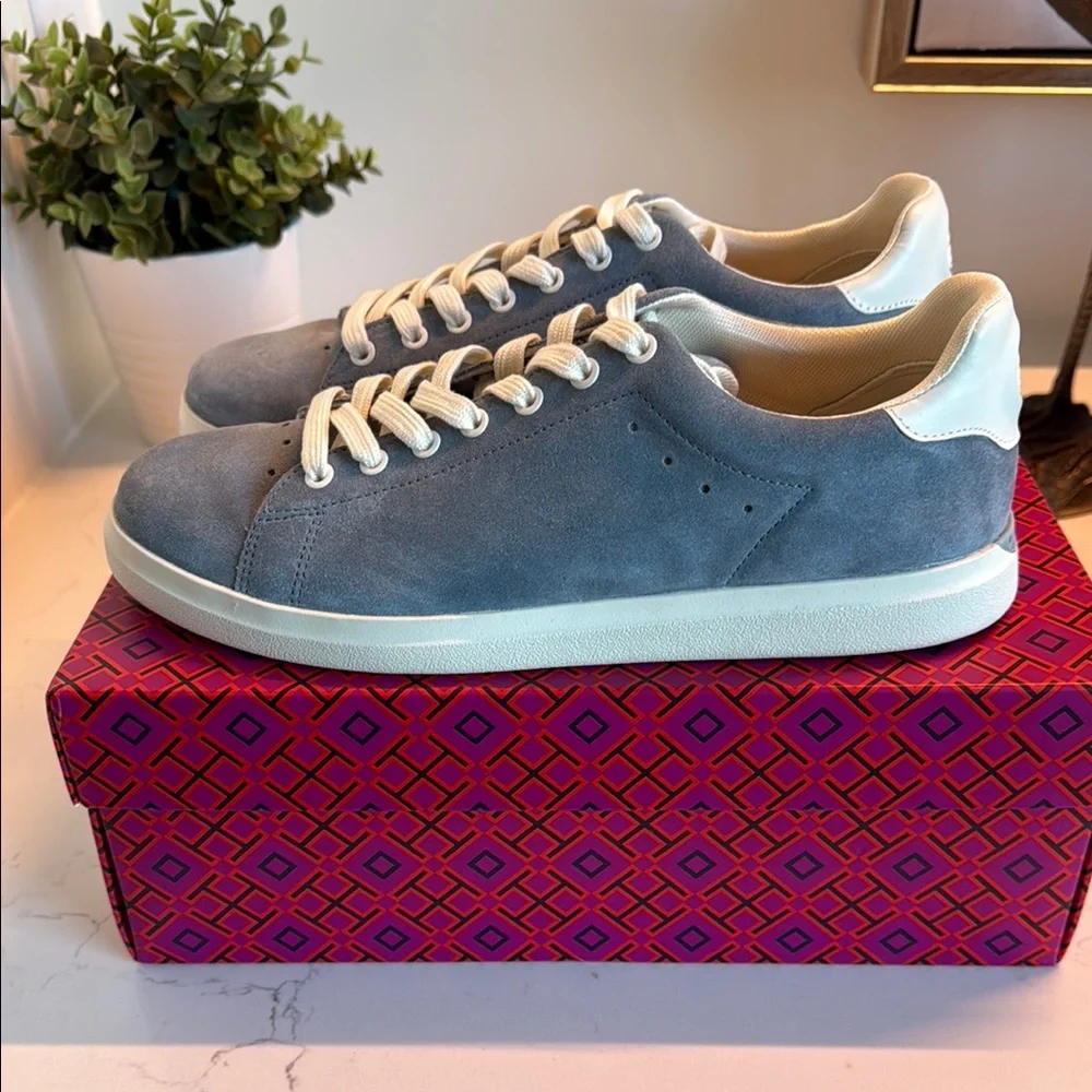 Tory Burch Suede Low-Top Sneakers in Blue and Cream